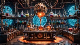 3D rendering of expressively detailed and intricate of a hyperrealistic chemistry laboratory experiment: front view, colorful paint, tribalism, steampunk, shamanism, cosmic fractals, dystopian, octane render, volumetric lighting, 8k post-production, detailed metallic objects, dendritic, artstation: award-winning: professional portrait: atmospheric: commanding: fantastical: clarity: 16k: ultra quality: striking: brilliance: stunning colors: amazing, beautiful, stunning composition, mouse