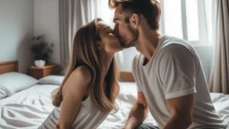 Couple in love kissing on the bedroom at home. Loving boyfriend and girlfriend sharing love together.