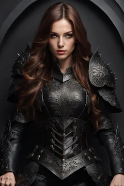 young woman with long brown hair, arrogant red eyes, wearing black leather fantasy armor, detailed, 4k resolution, hd