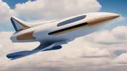 A Spacecraft, shaped like a passenger jet, without wings, hovering above a road, blue sky, white clouds