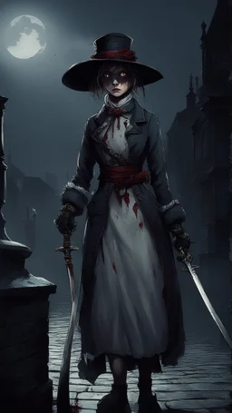 Bloodborne style girl with bloody eyes holding a katana and the atmosphere is dark and the time is 1800s london themed