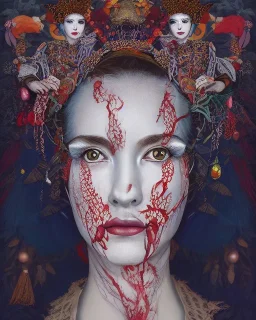 head and shoulders portrait of Queen Mary, face paint, jester hat, sad expression, Takato Yamamoto artist, Akiya Kageichi artist, Jedediah Berry inspired, 8k resolution concept art portrait, dynamic lighting, hyperdetailed, intricately detailed, maximalist, beautiful, peaceful