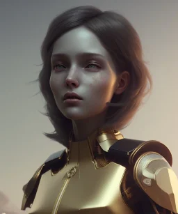 Realistic style at cgsociety by wlop, full body, ilya kuvshinov, krenz cushart, greg rutkowski, trending on artstation.zbrush colored, octane render in maya, houdini vfx.realistic sci-fi dystopia heroine, short clothed, expressing joy, gold hair, deep eyes.oil painting.cinematic attractive atmosphere, sharp focus, volumetric studio vivid lighting.