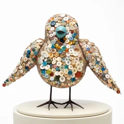 a surrealist sculpture of a bird made of buttons by artist "Betye Saar",by artist "Meret Oppenheim"