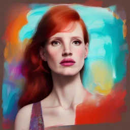 Photo of Jessica Chastain , beautiful face, multi-hued red hair; in the style of martine johanna, draped in flowing fabric, ignore nsfw, colorful energetic brush strokes, realistic, sharp focus, 8k high definition, insanely detailed, intricate, elegant, art by martine johanna and artgerm