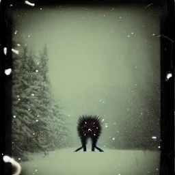 unusual multilegged and multiple eyed animal cryptid in the snow polaroid vintage style realistic