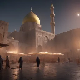 middle east city with mosque and people walking through the market , night , cloud in the sky , full moon , bird in the sky,fire place in the bazaar , high resolution, super realistic, unreal engine, cinematic lighting,