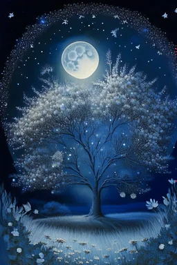 a background of softly blended blues, greys, silvers, and whites with distant, twinkling stars in the sky, an a perfectly round moon casting a soft glow of light on a foreground of a field of various flowers surrounding a tree of life