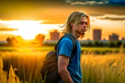 A candid photo of a tall fifteen year old boy carrying a backpack over his shoulder, welcoming facial features, standing in a field with a city skyline on the horizon, tangled hair, long blond hair, bare chest, ripped shorts, sunset, tall grass, bright colours, lonely landscape, dynamic photography, high resolution, high quality, highly detailed, full silhouette, 4K, 8K.