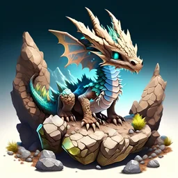 Generate an image of a cute teenager dragon representing earth, larger than the baby dragon, with rock formations or crystal clusters on its body.