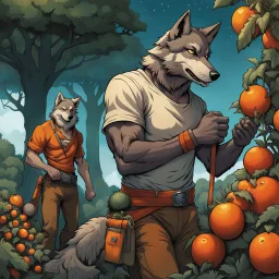 in body hair anthropomorphic wolf-man hybrid wearing a casual t-shirt, pants, and an orange belt, he harvests with his paws large reddish spherical fruits from a dark green bush-like plant. Behind him stands an older anthropomorphic wolf-man hybrid in t-shirt, pants and dark-orange belt. He carries a hoe on his left shoulder. In the background, orange-red fruits grow on other dark green bush-like plants, visible in the distance trees with thick trunks , detailed, scifi, fantasy