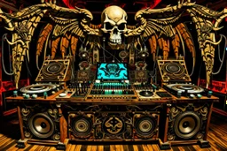 DJ of the damnded, insanely detailed DJ booth in hell, MID set, speakers and equipment made of bone, anatomically correct,