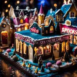 Close-up photograph of a diorama building, city, store, advertising, land-of-toys with detailed vintage toys made of cake-frosting and felt, strong texture, extreme detailed, movie shot, rich moody colors, sparkles, night, nightmare