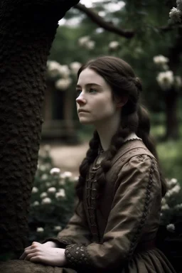 Beautiful Girl in the garden, 18 century, brunette, literally dark hair, dark eyes, fat, smell of sakura, rest, detailed face, england, she is staying under the tree, 30 years old, Game of thrones, Sansa Stark