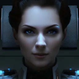 beautiful female captain, high tech, sci fi, brown eyes, pale skin, blue high tech outfit