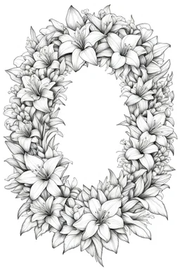 Outline art for wreath from Lily flower. Coloring pages with wreath from lily flower. white backgroud. Sketch style, full body, only use outline, clean line art, white background, no shadows and clear and well outlined. black outline, black and white only. only outline should be black everything else should be white