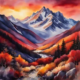 A dramatic watercolor rendering of a sunset over the mountains in late autumn, use radiant colors in red and orange hues, hyperrealism, vibrant colors, the image should evoke a feelings of serenity and peace