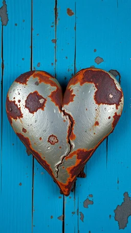 A rusty metallic heart yet in details with on blue background