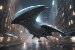 small, sleek, cargo spaceship, looking like a mantaray, landing on an alien street, photorealistic, highly detailed