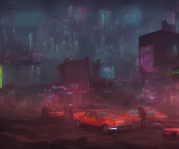 digital art, trending on artstation, a post apocalyptic world ruled by rusty machines under a full moon in a gigantic city full of neon lights and machines acting like humans, these being the vast majority of the population.