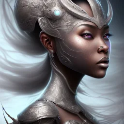 sango fantasy, fantasy magic, intricate, sharp focus, illustration, highly detailed, digital painting, concept art, matte, masterpiece head sexy front view black African beauty space lady silver carp skin one head African space night