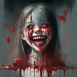 girl smiling, creepy, dripping blood, shattered glass,