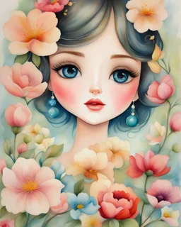 Painting of a beautiful girl, vintage, close-up face, watercolor, watercolor painting, by Jeremiah Ketner, flowers, 20 years old, 1955, pretty face