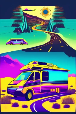 "Design a captivating vector graphic of a road trip in a motorhome. Picture the motorhome cruising on an open road with scenic landscapes. Emphasize the sense of adventure, freedom, and exploration. Use vibrant colors and intricate details to capture the essence of the journey."