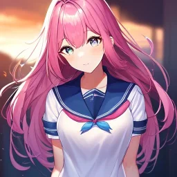 Clear focus, High resoution, long fluffy pink hair, cyan eyes, wearing a sailor uniform