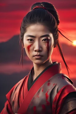 A portrait of a female Samurai, long straight hair in a topknot, wearing traditional samurai clothing attire, beautiful face, blood stains, well lit, embodying the spirit of the samurai, stunning red sunset background, highly detailed, ultra photo realistic, DSLR format