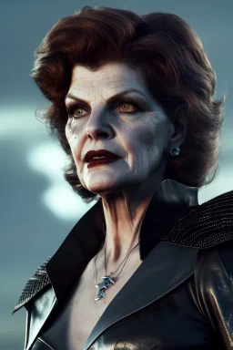 younger Rene Russo as evil queen in leather, cleavage, angry, stern look, unreal 5, octane render,cinema4d, dynamic lighting, dramatic lighting, 4k, redshift render, highly detailed, hyper realistic