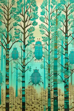 A cyan forest with noisy beetles designed in Navajo baskets painted by Frank Lloyd Wright