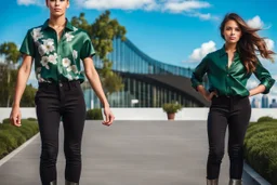 fullbody shot of girl wearing a dark green-silver blouse pants with pretty boots and a boy with causal clothing in modern ,flowers ,pretty clouds in blue sky,city escape.