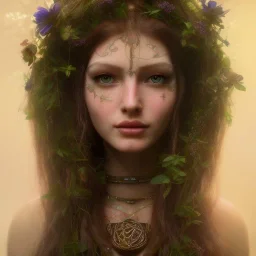 A beautiful female celtic druid with hair made out of flowers, digital art, HD, 8k, high definition, very high quality, detailed eyes, nature, druid, fantasy