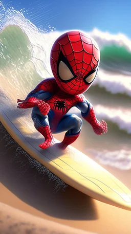 baby spiderman surfing on beach, cute, ultra realistic, 4k, ultra detail, full body, full picture