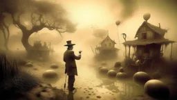 surreal and dreamlike, On a remote, fog-shrouded island, the reclusive Dr. Moreau operates a clandestine laboratory where he merges human and animal DNA, giving rise to a menagerie of unsettling hybrid creatures., vintage sepia, film effect, Golden-hour lighting, saturated, pastel, dreamy atmosphere, liquid psychedelic