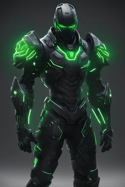 cara com armadura preta com detalhes verdes neon tecnologico