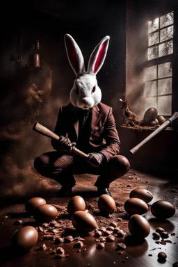 horror figure in rabbit mask sitting on the floor and shatters chocolate eggs with a big hammer, crepy, volumetric light, dark colors, surreal dark mood, cinematic