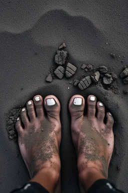 A toes looks dirty filled on the grey dark. Sands and dirt on a sands ground, view from the top