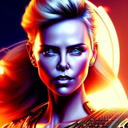 Charlize Theron, Cyborg samurai, cyberpunk, white skin, light blonde hair, geisha hairstyle, cobalt eyes, waist up portrait, 8k resolution, retroanime, intricate details, neon details, soft lighting, vibrant colors, masterpiece, intricate eyeliner, dark eyeshadow, eyes, intricate tattoos, gradient background