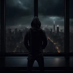A man in a black hoodie, seeing the city through the window, dark room with floor to ceiling glass windows overlooking a skyscraper city at night, thunderstorm outside with torrential rain, detailed, high resolution, photo realistic, dark, gloomy, moody aesthetic, intricate details, unreal engine 5, perfect lighting, muted tones, amazing photo.