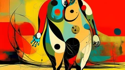 Abstract digital art of a human figure with distorted proportions, featuring exaggerated thighs and shins, with a face in the center, vibrant colors, sharp lines, surrealism, by Salvador Dali and Pablo Picasso.