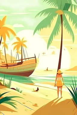 The woman near beach and light sun shine and coconut tree with boy friend near the boat