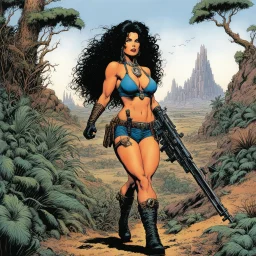 #5 Original coloured Art by Sam Keith and Bernie Wrightson Vortex Comic, 1988: tattooed Julie Strain in action, standing in the middle of the badlands jungle surrounded by luxuriant flora - Heavy Metal F.A.K.K.2 her machine-gun in hand