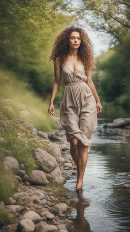 full body shot of a very beautiful lady curly hair, walks in the country side with a narrow river with clean water and nice rocks on floor. The trees and wild flowers .