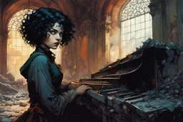 create a young vampire girl with short cropped curly black hair, playing piano in a ruined Renaissance parlor, in the graphic novel style of Bill Sienkiewicz and Jean Giraud Moebius, highly detailed facial features, grainy, gritty textures, dark and foreboding