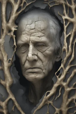 surrealis monochrome A fragmented, surreal sculpture liguid color of photorealistic image 3d,psychedelic art of an old man face glossy emerging from dreamlike a crumbling building. The face appears pale with deep cracks and intricate details, evoking a haunting expression. Blackened tree branches intertwine with the gold mengkilat cracks, set against a backdrop of stormy, cloud-filled skies. bauhaus art The overall tone is dark and moody, suggesting themes of decay and transformation. Include