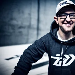 portrait of a Ken Block racing driver, dc shoes, wearing a hoodie, glasses, 30 years, good and kind, smile, 4k resolution, soft smooth lighting, light face, elegant, atmospheric, realistic, cinematic lighting, soft light atmosphere, unreal engine 5