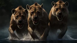 Hyper Realistic Angry-Hyenas & Attacking Angry-Lions on with river-water flow, big-stones & fireflies at dark-night showing dramatic & cinematic ambiance