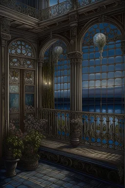 the balcony of the palace, moonlight, beautiful flowers, the surface of the water under the balcony like a mirror, mega-detailed drawing of small fine details, photorealistic drawing with colored pencil + pastel, ink, bright, botanical, fantasy, medieval atmosphere, cinematic, Art Nouveau, the camera is aimed at the object